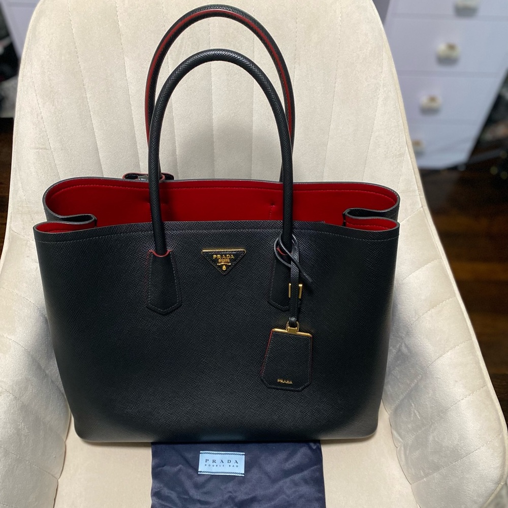 PRADA Saffiano Leather Double Tote Black/Red